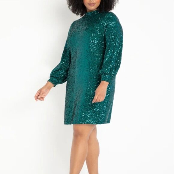 Eloquii Mock Neck Sequin Dress with Puff Sleeves Size 16 (NWT) - Picture 1 of 11